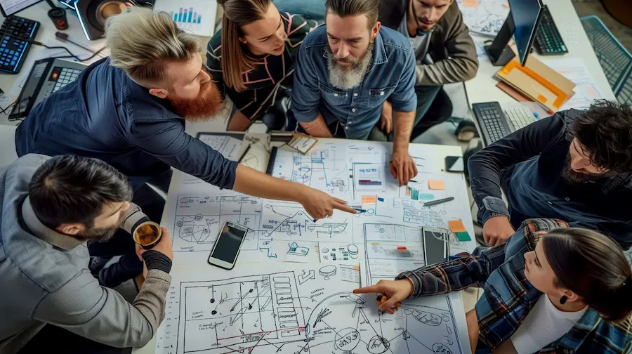 Product Team discussion around a table led by a senior Product Manager